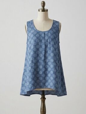 Flax Linen Oversize Sleeveless Tunic Top Size Medium Blue Polka Dot Hi Low Hem